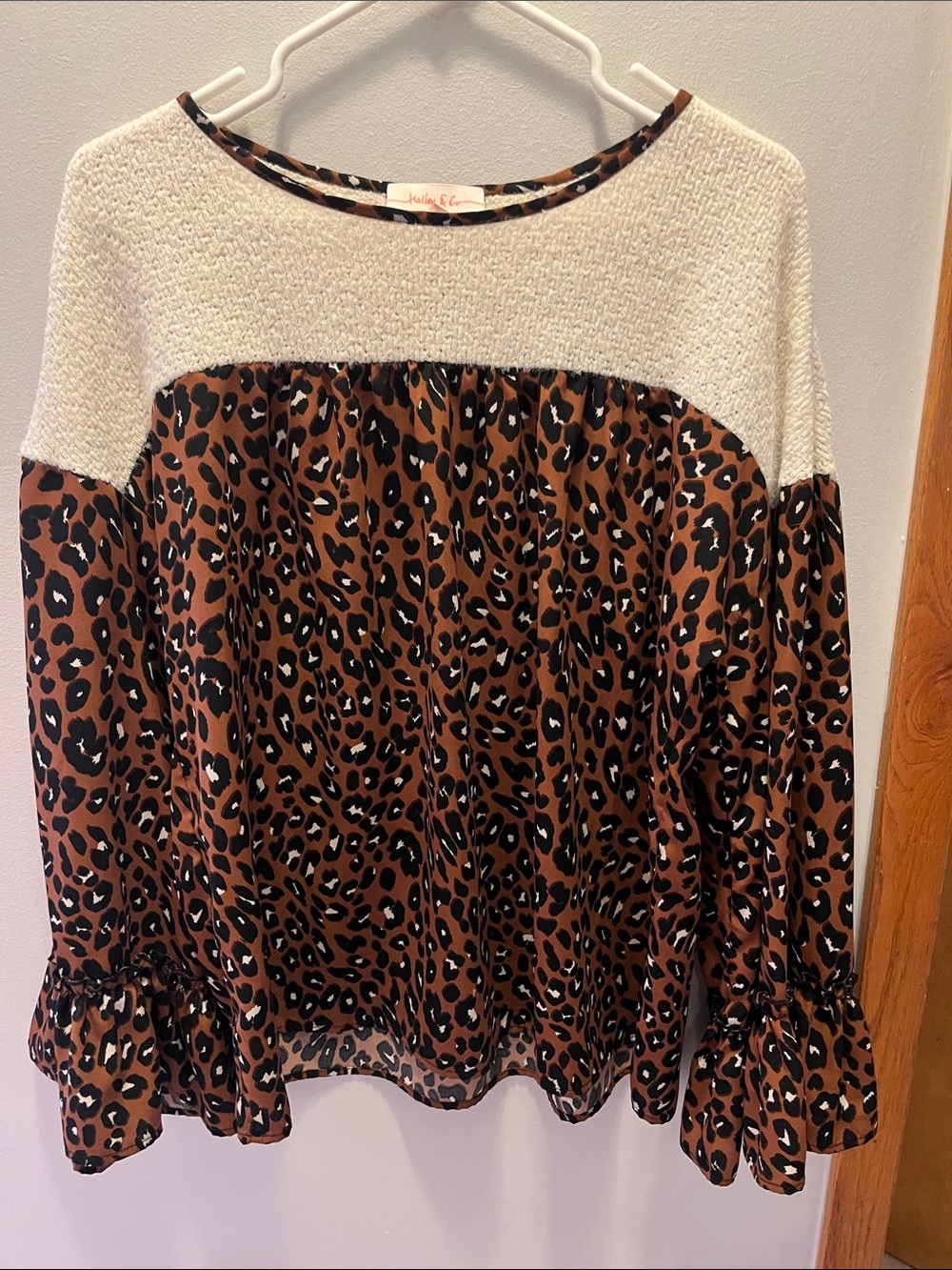 Leopard Print Cream Yoke Long-Sleeve Blouse